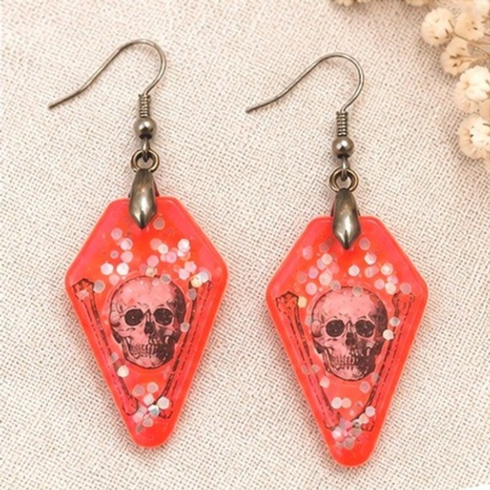Handmade Coffin Resin Earrings Orange Skull Goth Glitter Halloween
